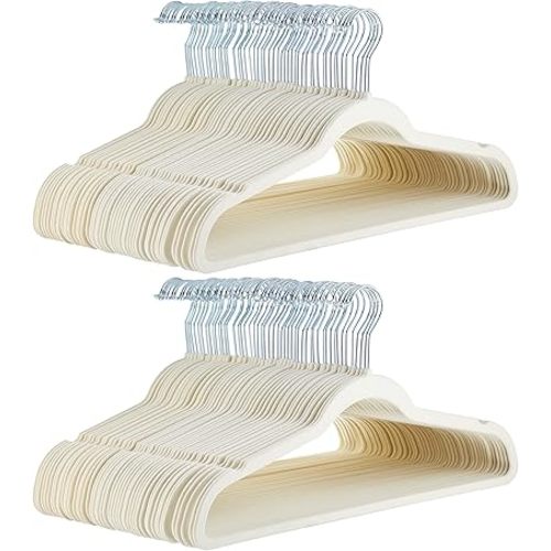 Amazon Basics Slim, Velvet, Non-Slip, Space-Saving Suit Clothes Hangers, Pack of 100, Ivory/Beige