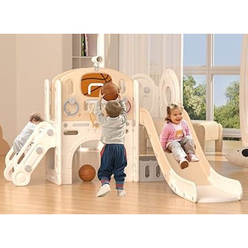 XJD 8 in 1 Toddler Slide Set, Kids Slide for Toddlers Age 1+, Toddler Climber Slide PlaySet with Basketball Hoop and Ball,Outdoor Indoor Playground for Toddlers 1-3 (Beige Coffee, 8 in 1)
