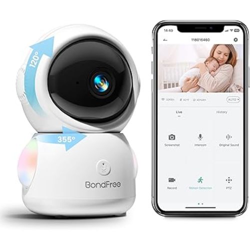 BondFree Baby Monitor with Camera and Audio 2K, RGB Night Light, Baby Monitor WiFi Smartphone 2.4Ghz 5Ghz for Nursery, Scan Code Bluetooth Connection, 355° Rotation, Compatible with Alexa Google Home