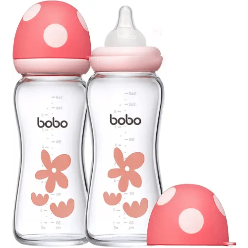 YOHKOH Natural Glass Baby Bottle with Natural Response Nipple, Newborn Anti-Colic Baby Bottles, Wide Neck Mushroom Cap Baby Bottle, Clear (8.8oz (Pack of 2), Red)