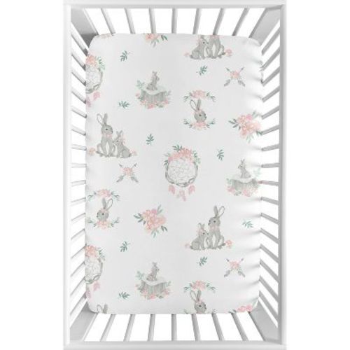 Sweet Jojo Designs Girl Baby Fitted Mini Crib Sheet Bunny Floral Pink And Grey