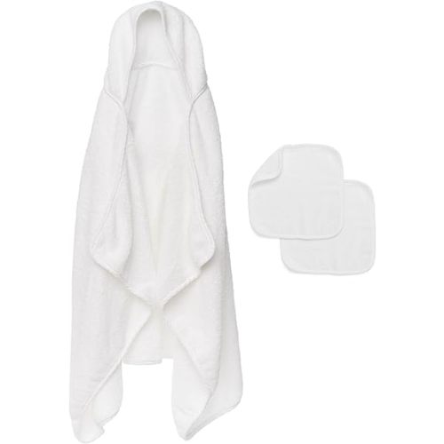 Lalo The Hooded Towel & Washcloth Set, 100% Organic Cotton, Soft on Sensitive Skin, Durable & Absorbent, Machine Washable, Includes One Baby Towel and Two Washcloths - Coconut