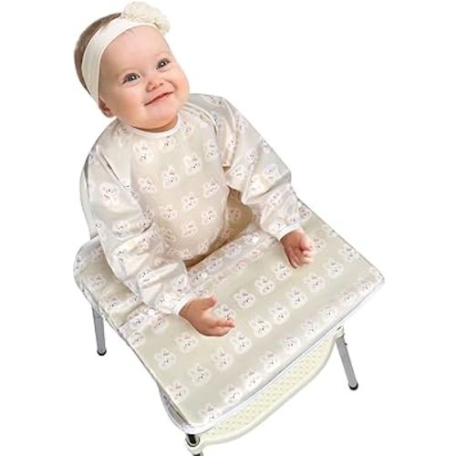 Vicloon Coverall Baby Feeding Bib, 2 In 1Weaning Bibs Attaches to Highchair and TableWeaning, Long Sleeve Bib with Waterproof, Baby Bibs for Feeding, Adjustable,Machine Washable(Rabbit Pattern)