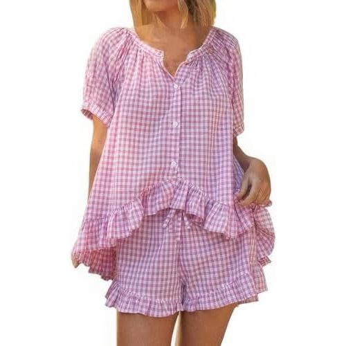 ebossy Women's Summer Plaid Pj Sets Button Down Short Sleeve Shirt Top Casual Ruffle Shorts with Pockets 2025 Lounge Sets