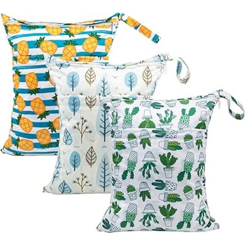 babygoal Wet Dry Bags for Baby Cloth Diapers, Washable Travel Bags, Beach, Pool, Gym Bag for Swimsuits & Wet Clothes with Two Zippered Pockets 3 Pack, 3LN05