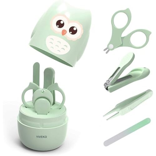 Baby Nail Kit, 4-in-1 Baby Nail Care Set with Cute Case, Baby Nail Clippers, Scissors, Nail File & Tweezers, Baby Manicure Kit and Pedicure kit for Newborn, Infant, Toddler, Kids-Owl Green