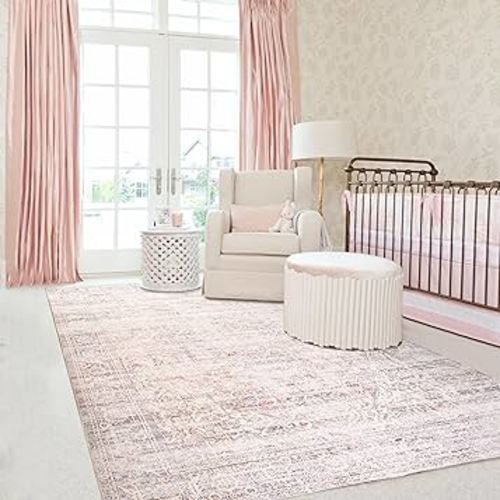 Nursery Rug Girl Baby,Boho Neutral Washable Soft 6x9 Area Rug for Bedroom,Pink and Grey