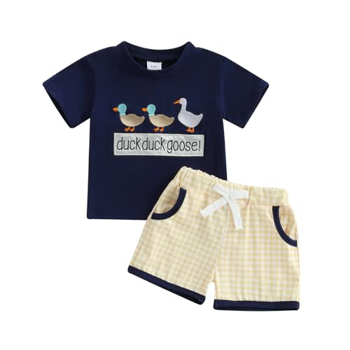 Toddler Baby Boy Summer Outfit Farm Clothes Short Sleeve T-Shirt Plaid Shorts Mallard Duck Goose Outfits