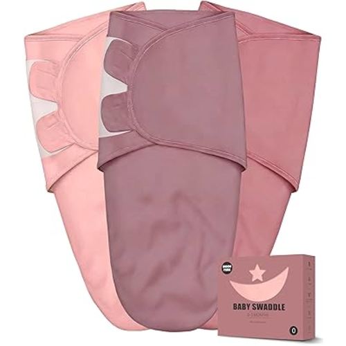 Newborn Swaddle Blanket Wrap 0-3 Months (3-Pack) - Adjustable Infant Sleep Sack, 100% Cotton Anti-Startle Soothing Sack, Soft Breathable Nursery Bedding - Dusty Rose + Pearl + Mauve