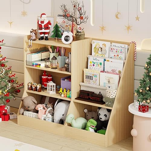 39" Large Kids Wooden Bookshelf and Toy Storage Organizer, Baby Bookcase with Sling Book Rack, Children Toddler Wooden Book Shelf for kids rooms, Playroom, Classroom, Nursery, School (Natural)