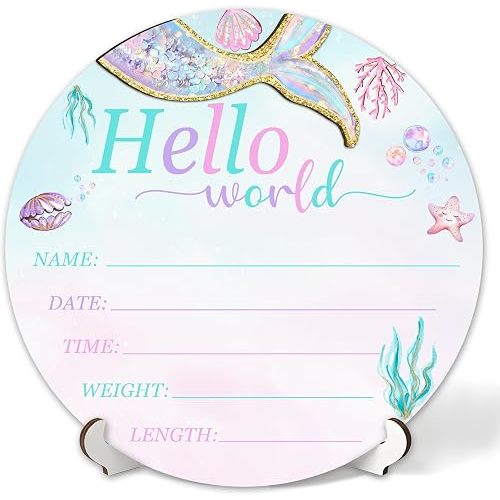 3D Mermaid Hello World Newborn Sign for Hospital, Mermaid Baby Announcement Sign for New Baby Boy Girl, Welcome Babies Birth Wooden Signs for Nursery, Neutral Newborn Photography Props-A07