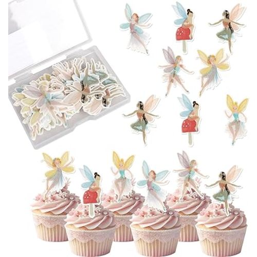 Rsstarxi 56 Pack Fairy Theme Edible Cupcake Toppers Rice Paper Flower Fairy Cupcake Picks for Baby Shower Wedding Kids Girls Birthday Party Cake Decorations Supplies