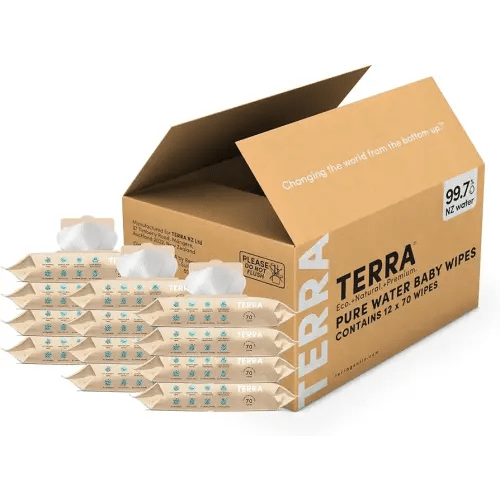 Terra Bamboo Baby Wipes: Pure Water Wipes, 99.7% Pure New Zealand Water, 100% Biodegradable Bamboo Fiber, 0% Plastic, Unscented Baby Wipes for Sensitive Skin, 12 Packs of 70 Wipes