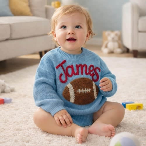 Football Embroidery Baby Sweater, Custom Toddler Knit Jumper, Baby Boy Girl Sweater, Sports Nursery Gift, Football Theme Outfit