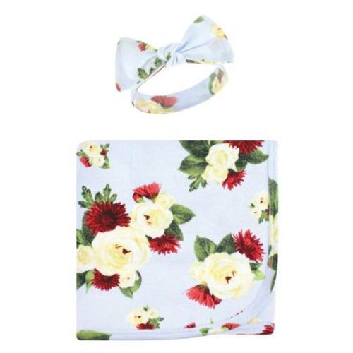 Touched By Nature Infant Girl Organic Cotton Swaddle Blanket And Headband, Rose Mum, 0-6 Months