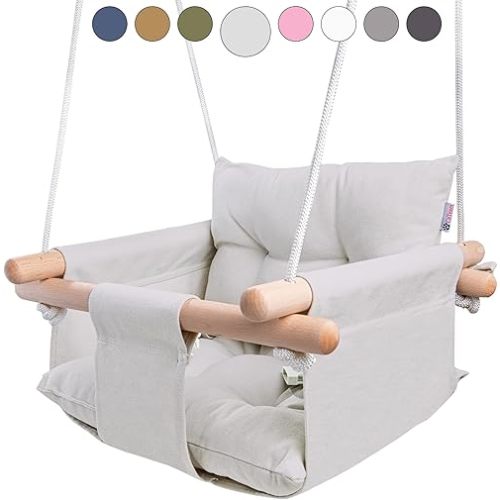 CaTeam - Canvas Baby Swing, Wooden Hanging Swing Seat Chair with Safety Belt, Durable Baby Swing Chair, Outdoor and Indoor Swing for Kids, Mounting Hardware Included, Gray