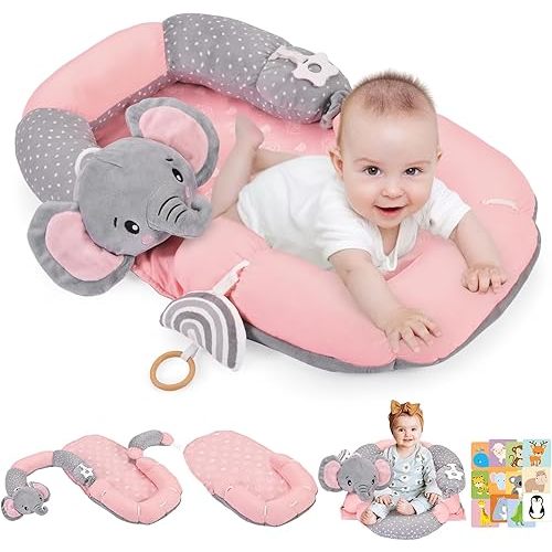 4 in 1 Tummy Time Mat with Educational Cards, Play Mat & Sitting Support for Newborn 0-12 Months, Infant Baby Sit Me Up Floor Seat, Sensory Skills Gifts, Elephant