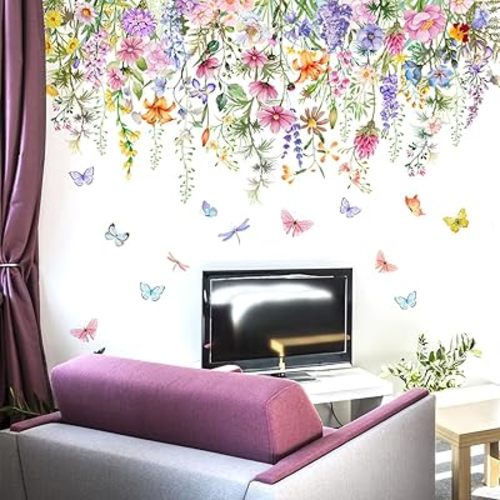 2 Sheets Colorful Flowers Wall Decals Lily Daisy Butterfly Flower Wall Stickers DIY Removable Watercolor Green Leaves Spring Floral Wall Decor for Kids Girls Bedroom Living Room Nursery Decoration