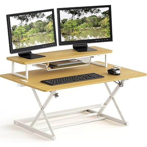 SHW 36-Inch Over Desk Height Adjustable Standing Desk with Monitor Riser, Oak