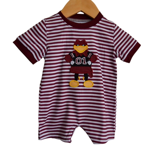 Gamecock Mascot Applique Striped Garnet Red Unisex / Boy Romper - South Carolina | Smock and Key