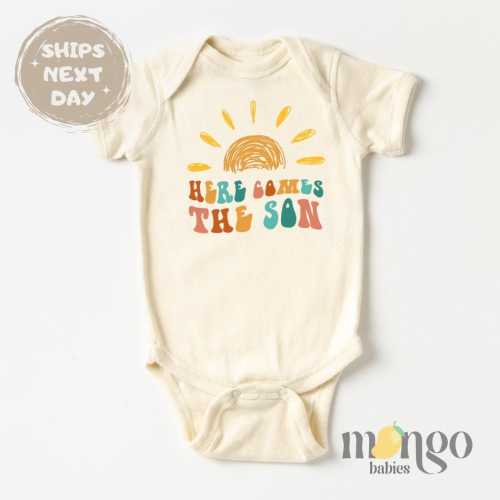 Here Comes The Son Baby Bodysuit Cute Newborn Baby Boy Gift Retro Baby Boy Reveal Pregnancy Announcement Sunshine Baby Summer Baby Bodysuit