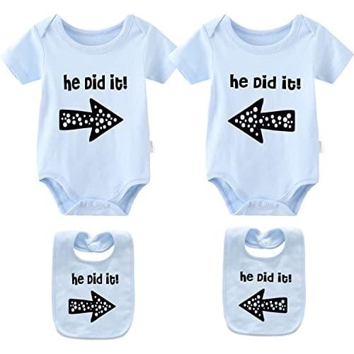 YSCULBUTOL Baby Twins Bodysuits He/She Did It Twin Outfit Girl Romper With Hat Set