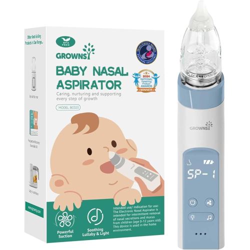 GROWNSY Nasal Aspirator for Baby, Electric Nose Aspirator for Toddler, Baby Nose Sucker, Automatic Nose Cleaner with 3 Silicone Tips, Adjustable Suction Level, Music and Light Soothing Function, Blue