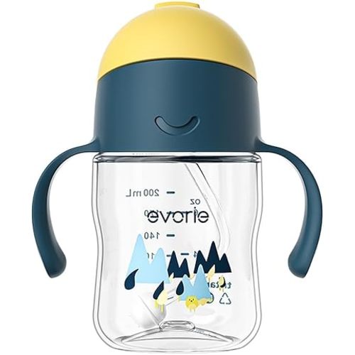 Evorie Tritan Weighted Straw Sippy Cup with Handles for Baby and Toddlers 6 months up, 7 Oz Soft Silicone Straw Infant First Training Water Bottle (Bumble bee)