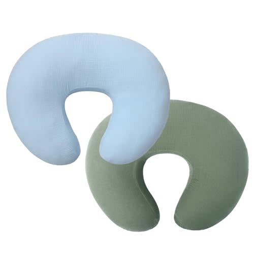 Owlowla Muslin Nursing Pillow Cover,2Pack Soft Cotton Nursing Cover Set Fits Breastfeeding Pillow for Baby Boy Girl(Baby Blue&Olive)
