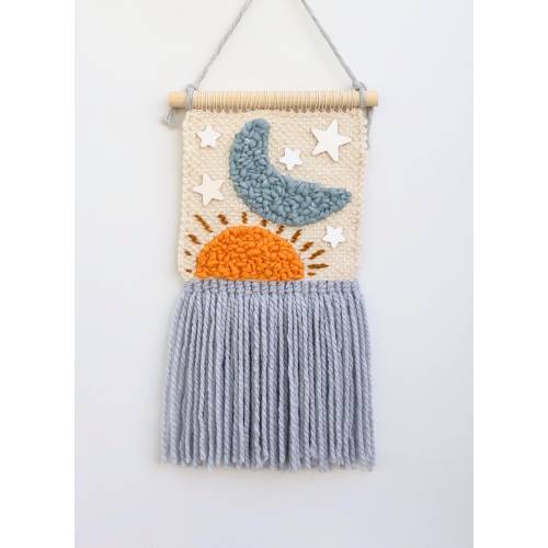 Personalizable sun moon stars nursery wall hanging ; moon woven wall art ; celestial theme nursery ; star fiber art ; boy nursery decor