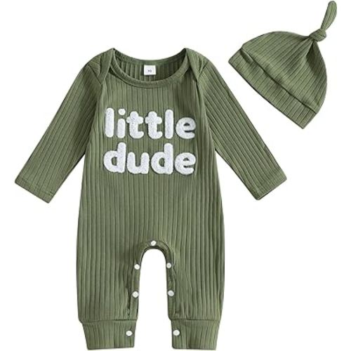 ZAXARRA Newborn Coming Home Baby Boy Outfits Little Dude Letter Print One Piece Rompers Long Sleeve Waffle Knit Fall Clothes