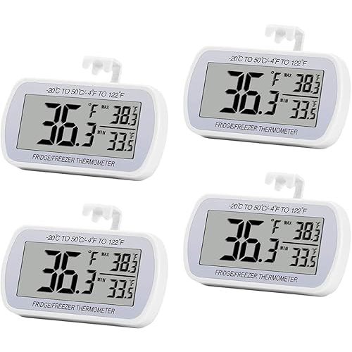 4 Pack Digital Refrigerator Thermometer Fridge Freezer Room Thermometer Waterproof Large LCD Display Max/Min Record Function, White