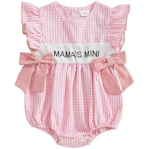 Newborn Baby Girl Bubble Romper Plaid Letter Embroidery Fly Sleeve Smocked Bodysuit Jumpsuit Summer Outfit