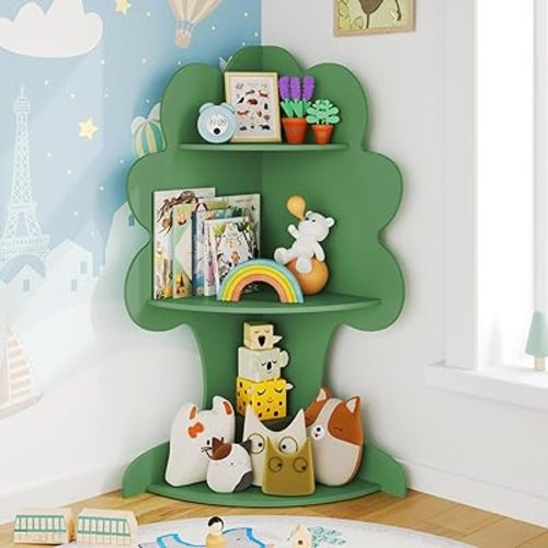Tree Kids Bookshelf, Corner Bookshelf Kids, Bookshelf for Kids, Baby Bookshelf and Toy Storage, Wooden Kids Bookcase, Toddler Book Shelf Organizer for Kids Rooms, Nursery, Bedroom, Green