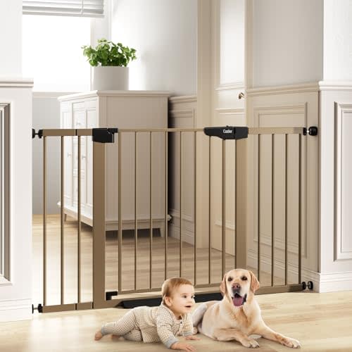 Cumbor 29.7-51.5" Baby Gates for Doorways Extra Wide, Safety Dog Gate for Stairs, Easy Walk Thru Auto Close Pet Gates for The House, Child Gate Includes 4 Wall Cups, Brown, Mom's Choice Awards Winner