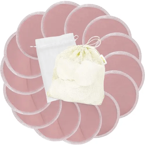wegreeco Nursing Breast Pads (14 Pack) + Laundry Bag & Travel Storage Bag, 4.7 inch - Washable & Reusable Breastfeeding Nursing Pads (Mild Pink, Large, Contoured & Plain Shape)