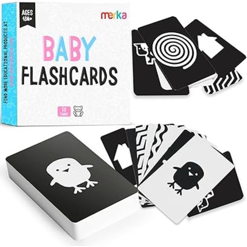 merka Newborn Flash Cards, Set of 50 Black and White High Contrast Baby Flashcards, Toys for Newborn, Visual Stimulation, Brain and Sensory Development