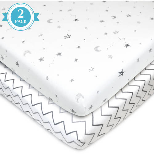 American Baby Co. Cotton Jersey Knit Fitted Playard Sheet, Grey Stars/ZigZag 2pk