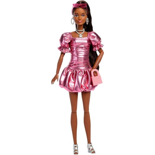 Barbie Deluxe Style Doll #6 in Metallic Coral Pink Dress with Bubble Hem, Black Hair in Ponytail, Accessories Like Sunglasses, Jewelry and Handbag