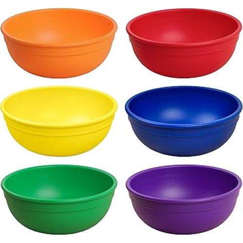 Re-Play Made in USA 20 Oz. Reusable Plastic Bowls, Set of 6 - Dishwasher and Microwave Safe Bowls for Snacks, Cereals, and Everyday Dining - Toddler Bowl Set 5.75" x 5.75" x 2.23", Crayon Box