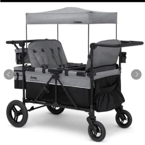 Luxurious 4-seater children's stroller - A high-end 4-seater children's stroller specially designed for 4 children, equipped with convertible seats, adjustable push-pull handles, detachable sunshade, and flat folding device. The color is grey.