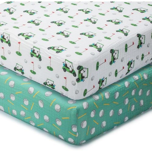 LollyBanks Muslin Crib Sheets 2 Pack, 100% Cotton Neutral Baby Crib Sheets for Standard 52"x28" Mattress, Soft Fitted Sheet for Boys and Girls, Baby Bedding Essentials (Golf Cart and Golf Balls)