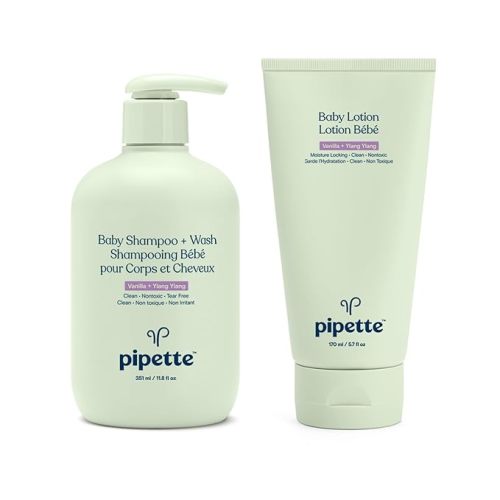 Pipette Vanilla + Ylang Ylang Baby Shampoo + Wash and Baby Lotion Duo, Clean, Tear-Free Bath Time, Sulfate-Free, Paraben-Free, Silicone-Free, Sensitive Skin, Hypoallergenic, Non-Toxic