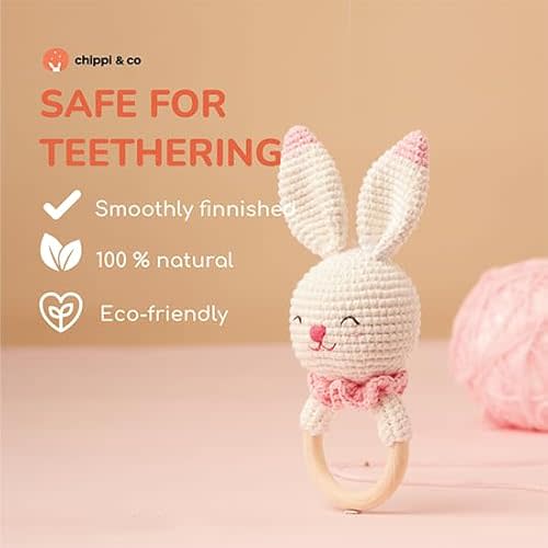 Chippi & Co Crochet Baby Rattle, Crochet Baby Toys, Stuffed Baby Doll, Organic Wooden Newborn Toys, Knitted Stuffed Animals for Babies Boy, Girl, Gifts for Expecting Mom (Olive The Cheerful Bunny)