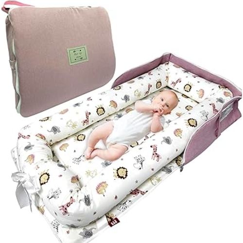 Baby Lounger, Foldable Portable Infant Lounger, Baby Nest Cover, Suitable for 0-24 Months Newborn Baby Lounger,Home Travel Dual-Purpose Baby Nest(Pink Zoo)