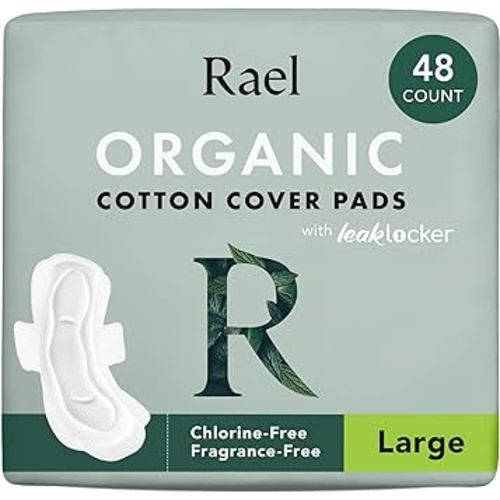 Rael Pads for Women, Organic Cotton Cover - Period Pads with Wings, Feminine Care, Sanitary Napkins, Heavy Absorbency, Unscented (Large, 48 Count)