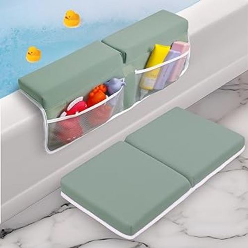 Baby Bath Kneeler and Elbow Rest Pad Set - Baby Bath Support for Knees and Elbows - Bath Kneeler Pad with Memory Foam and Bath Toys Organizer - Ideal Bath Kneeling Pad for Bathing Baby - Green