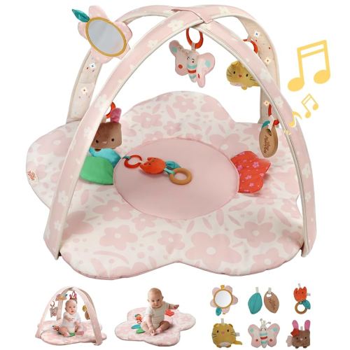 Baby Play Gym & Activity Mat with Light-up Musical Arch, Tummy Time Mat with 6 Detachable Sensory Toys for Motor Skills & Sensory Development, Baby Essentials Shower Gift - Spring Blossoms Themed