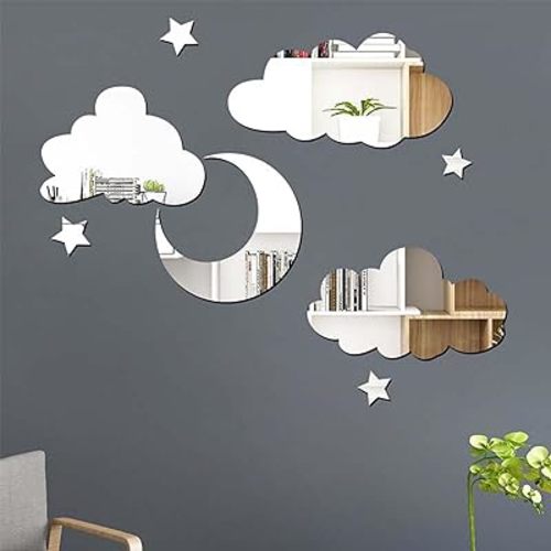 Modern Minimalist Mirror Sticker Decor, 8Pcs Acrylic Stars, Clouds & Moon Decals for Baby Kids Children's Room, Wall, Door, Shelf Decoration