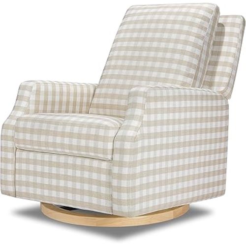 Namesake Crewe Recliner and Swivel Glider in Tan Gingham with Light Wood Base, Greenguard Gold & CertiPUR-US Certified